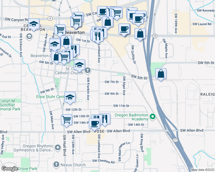 map of restaurants, bars, coffee shops, grocery stores, and more near 11850 Southwest 7th Street in Beaverton