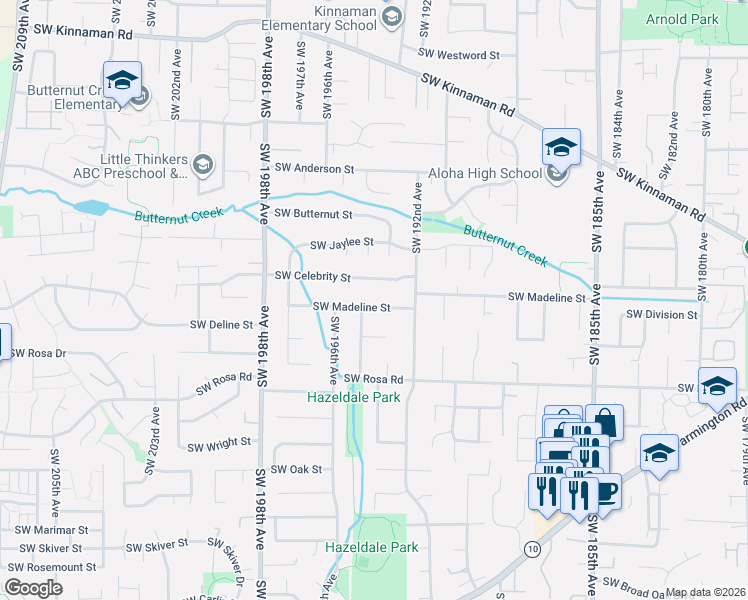 map of restaurants, bars, coffee shops, grocery stores, and more near 19410 Southwest Celebrity Street in Aloha
