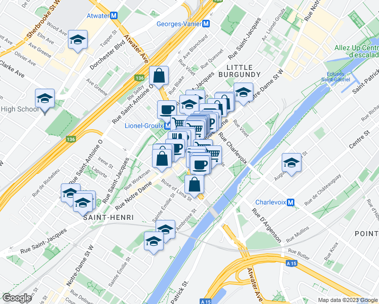 map of restaurants, bars, coffee shops, grocery stores, and more near 2765 Rue Notre Dame Ouest in Montréal