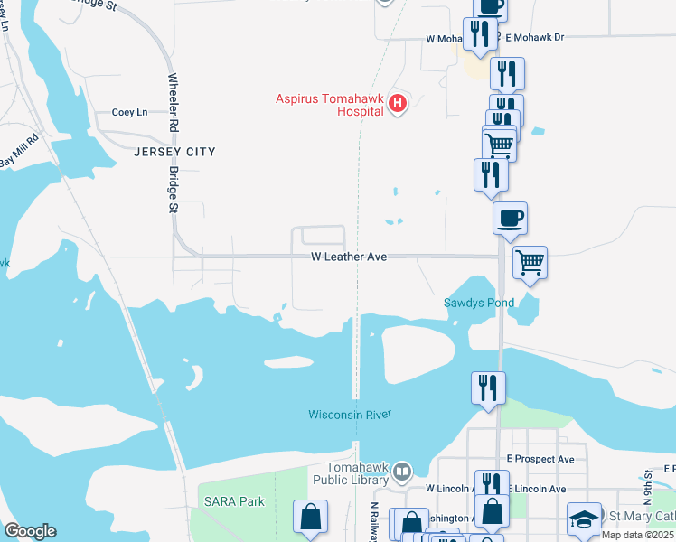 map of restaurants, bars, coffee shops, grocery stores, and more near 315 West Leather Avenue in Tomahawk