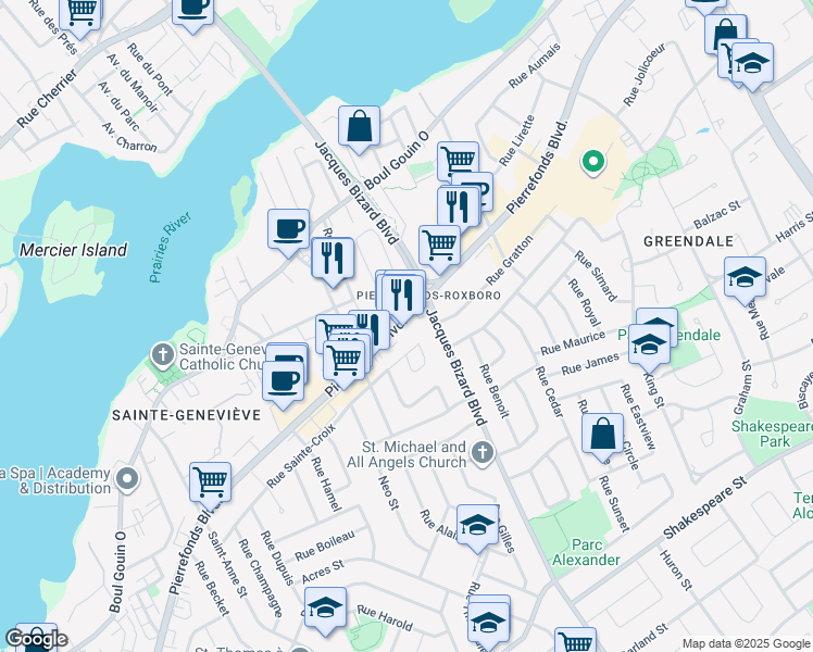 map of restaurants, bars, coffee shops, grocery stores, and more near 15420 Pierrefonds Boulevard in Montreal