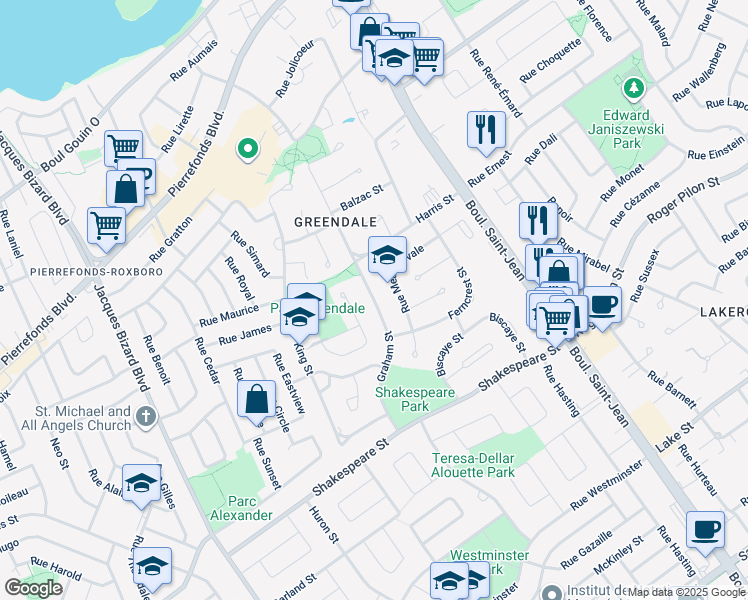 map of restaurants, bars, coffee shops, grocery stores, and more near Rue Graham in Montréal