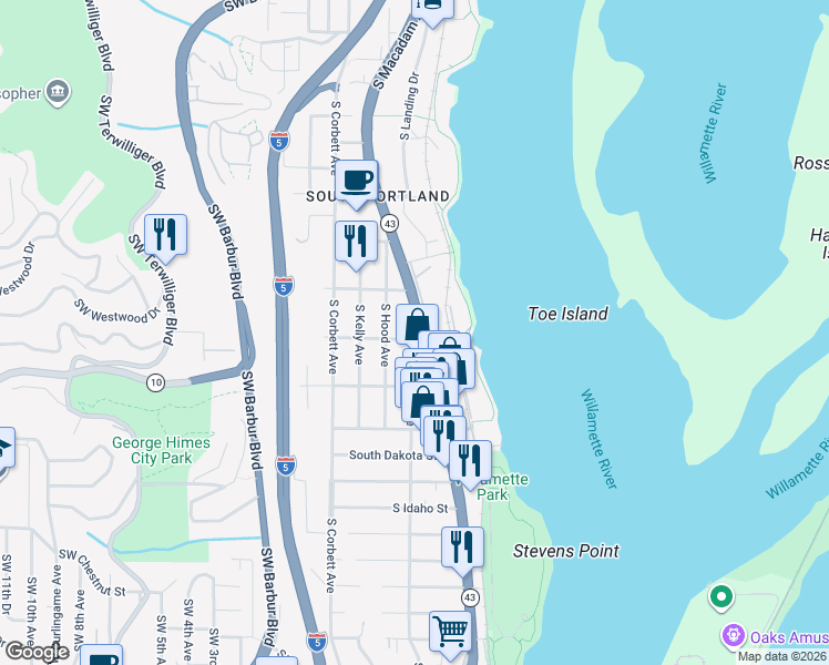 map of restaurants, bars, coffee shops, grocery stores, and more near 5883 Southwest Macadam Avenue in Portland