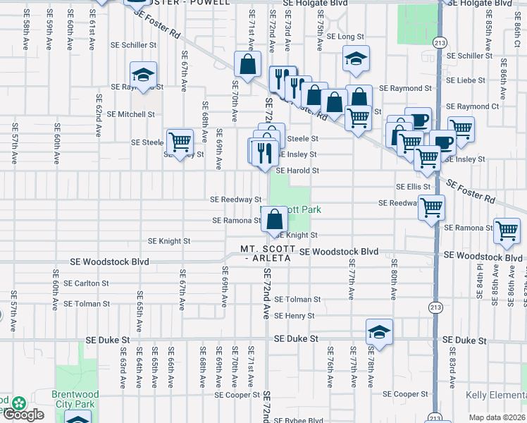 map of restaurants, bars, coffee shops, grocery stores, and more near 5725 Southeast 72nd Avenue in Portland