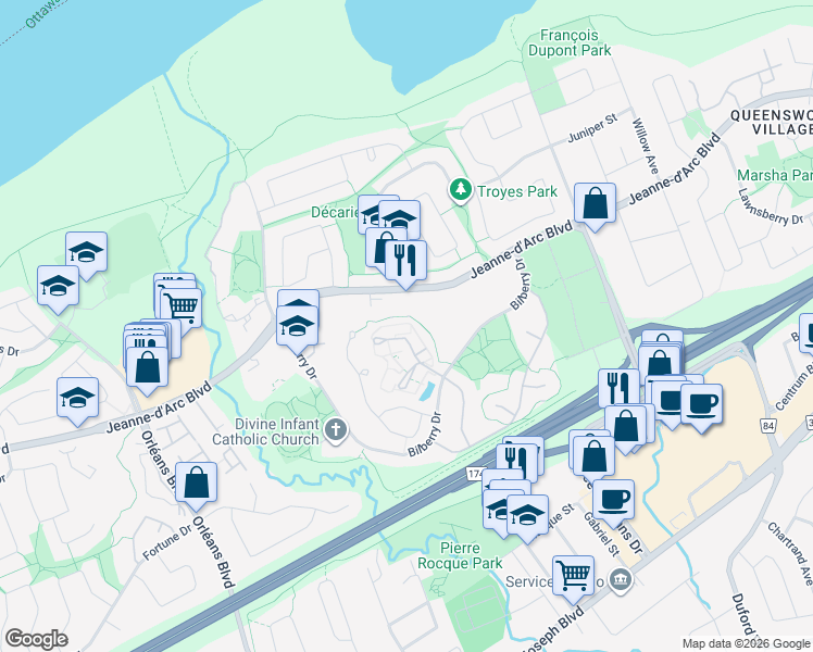 map of restaurants, bars, coffee shops, grocery stores, and more near 244 Titanium Private in Ottawa