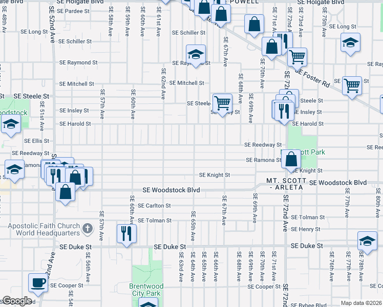map of restaurants, bars, coffee shops, grocery stores, and more near 6491 Southeast Ramona Street in Portland