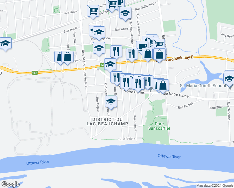 map of restaurants, bars, coffee shops, grocery stores, and more near 122 Rue East in Gatineau