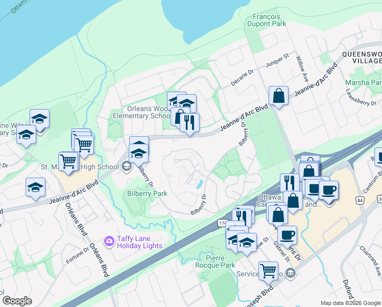 map of restaurants, bars, coffee shops, grocery stores, and more near 242 Titanium Private in Ottawa