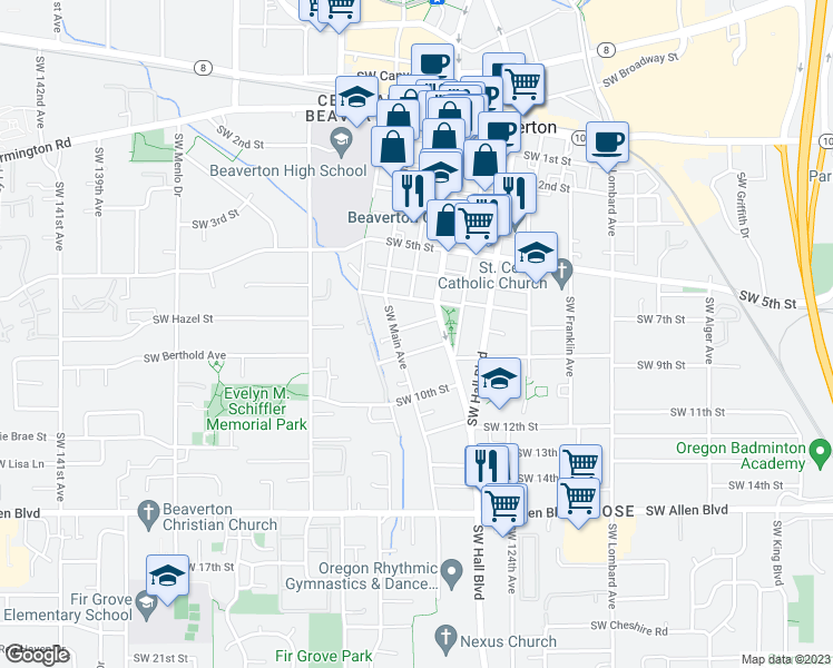 map of restaurants, bars, coffee shops, grocery stores, and more near 12670 Southwest 8th Street in Beaverton