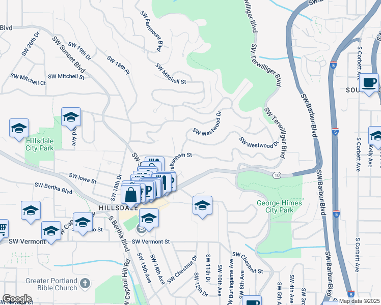 map of restaurants, bars, coffee shops, grocery stores, and more near 1105 Southwest Cheltenham Street in Portland