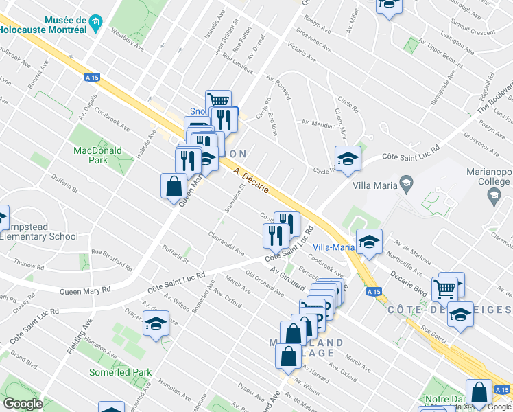 map of restaurants, bars, coffee shops, grocery stores, and more near 4685 Avenue Coolbrook in Montréal