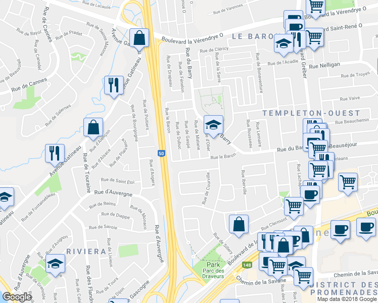 map of restaurants, bars, coffee shops, grocery stores, and more near 8 Rue de Gaspé in Gatineau