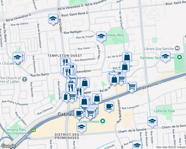 map of restaurants, bars, coffee shops, grocery stores, and more near 34 Rue d'Orléans in Gatineau