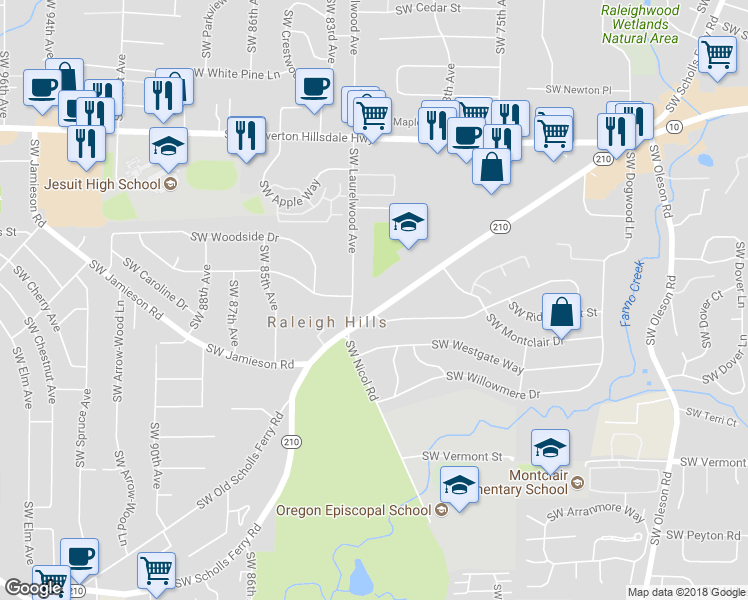 map of restaurants, bars, coffee shops, grocery stores, and more near 5409 Southwest Scholls Ferry Road in Portland