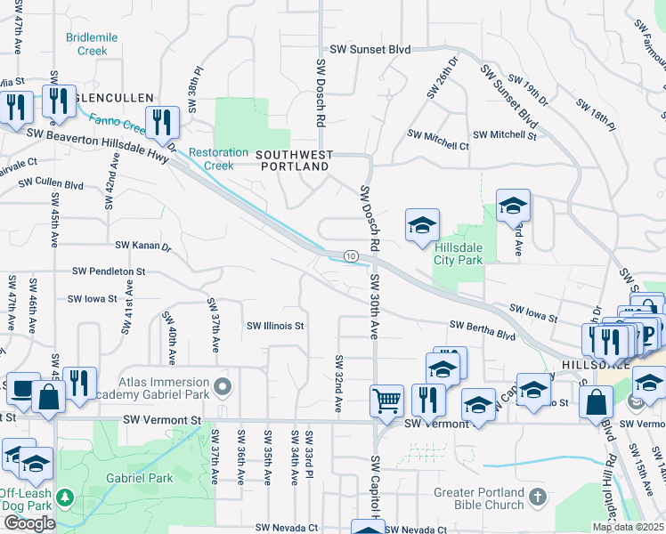 map of restaurants, bars, coffee shops, grocery stores, and more near 3212 Southwest Beaverton Hillsdale Highway in Portland