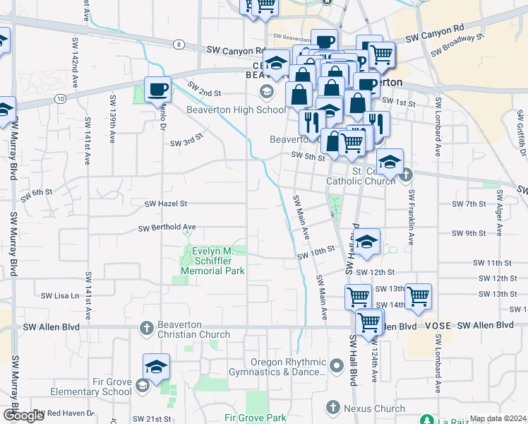 map of restaurants, bars, coffee shops, grocery stores, and more near 5328 Southwest Erickson Avenue in Beaverton