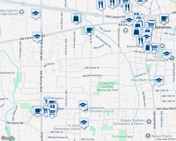 map of restaurants, bars, coffee shops, grocery stores, and more near 13590 Southwest Hazel Street in Beaverton