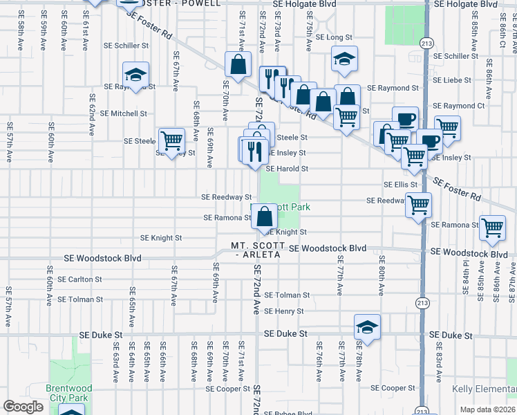 map of restaurants, bars, coffee shops, grocery stores, and more near Southeast 72nd Avenue in Portland