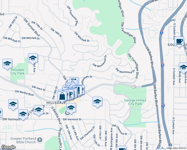 map of restaurants, bars, coffee shops, grocery stores, and more near 1105 Southwest Cheltenham Street in Portland