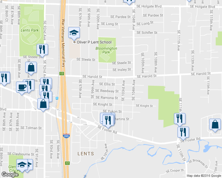 map of restaurants, bars, coffee shops, grocery stores, and more near 10119 Southeast Reedway Street in Portland