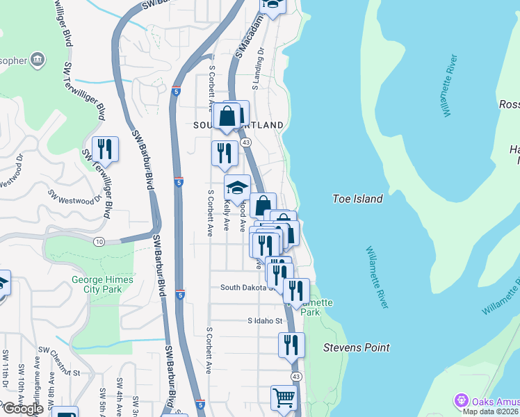 map of restaurants, bars, coffee shops, grocery stores, and more near 5816 South Hood Avenue in Portland