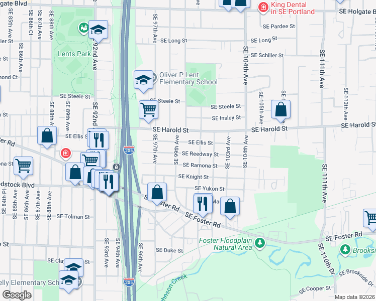 map of restaurants, bars, coffee shops, grocery stores, and more near 10003 Southeast Reedway Street in Portland