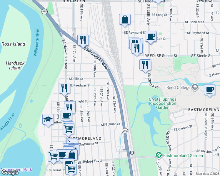 map of restaurants, bars, coffee shops, grocery stores, and more near in Portland