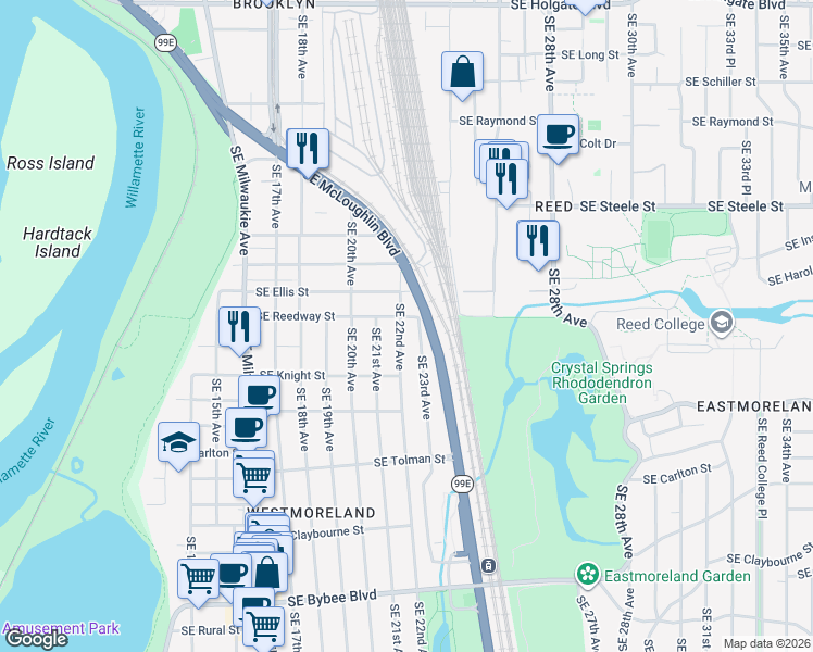 map of restaurants, bars, coffee shops, grocery stores, and more near in Portland