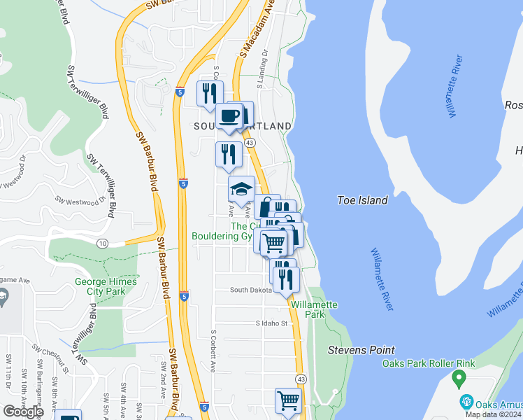 map of restaurants, bars, coffee shops, grocery stores, and more near 5816 South Hood Avenue in Portland