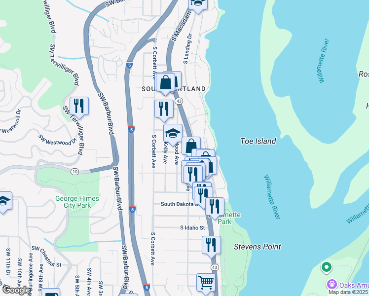 map of restaurants, bars, coffee shops, grocery stores, and more near 5816 South Hood Avenue in Portland