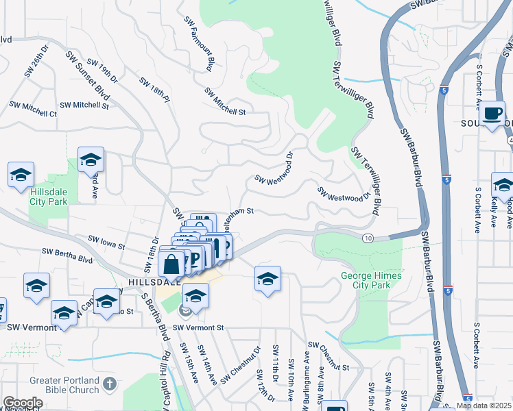 map of restaurants, bars, coffee shops, grocery stores, and more near 1105 Southwest Cheltenham Street in Portland