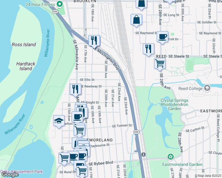 map of restaurants, bars, coffee shops, grocery stores, and more near 5715 Southeast 21st Avenue in Portland