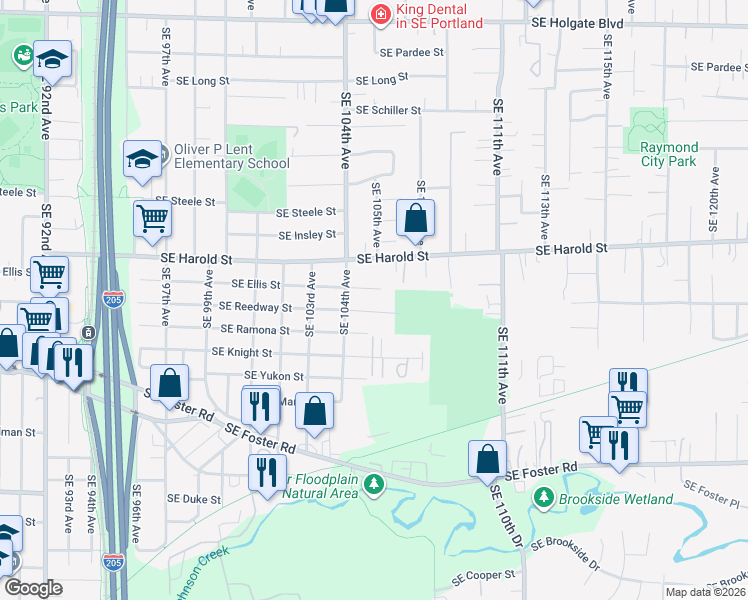 map of restaurants, bars, coffee shops, grocery stores, and more near 10508 West Steele Street in Portland