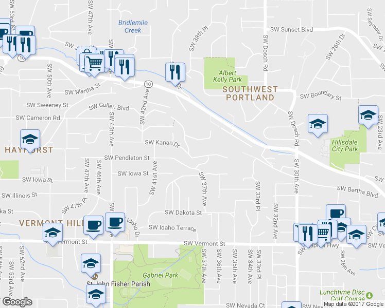 map of restaurants, bars, coffee shops, grocery stores, and more near 3841 Southwest Kanan Drive in Portland