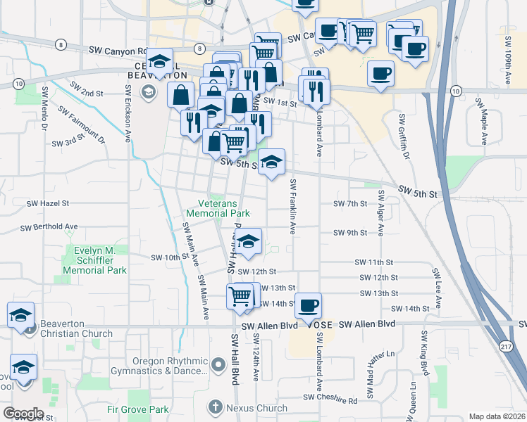map of restaurants, bars, coffee shops, grocery stores, and more near 5255 Southwest Tucker Avenue in Beaverton