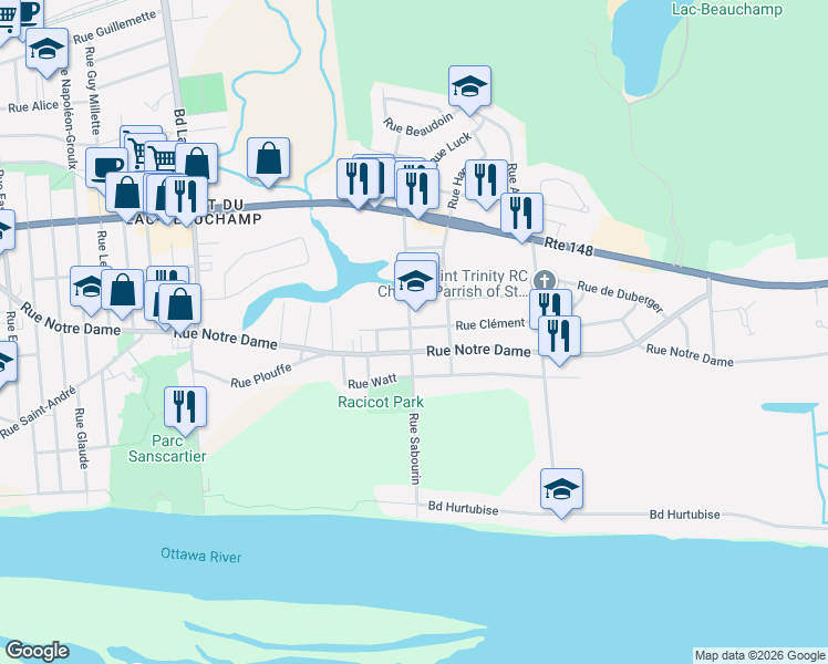 map of restaurants, bars, coffee shops, grocery stores, and more near 112 Rue Sabourin in Gatineau