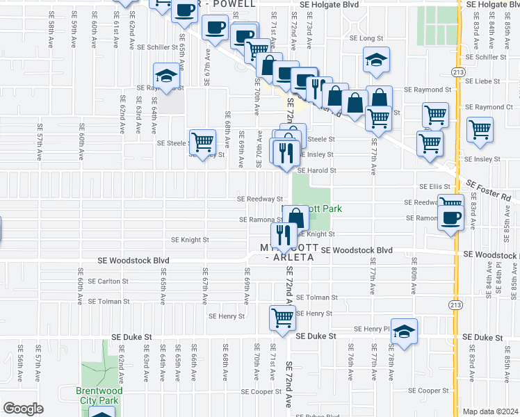 map of restaurants, bars, coffee shops, grocery stores, and more near 5720 Southeast 70th Avenue in Portland