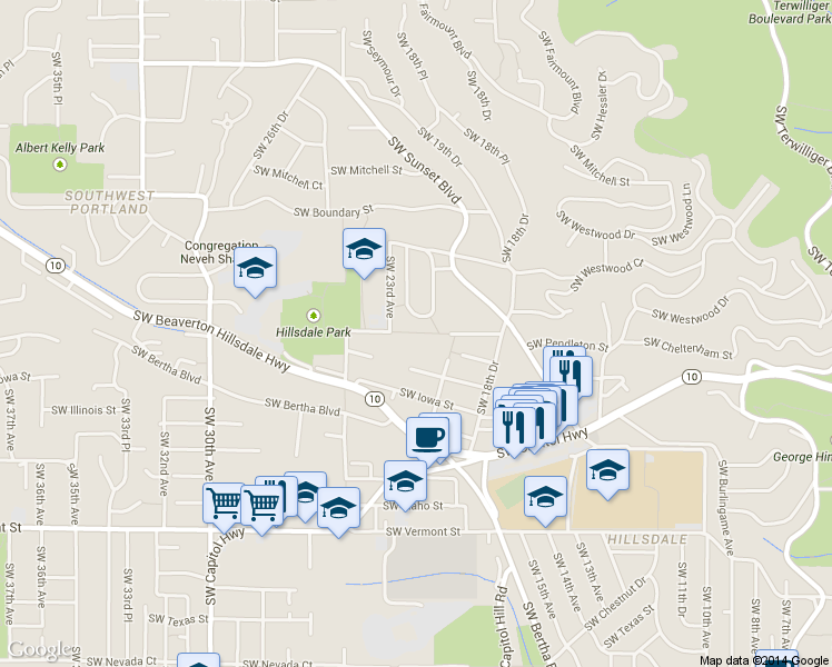 map of restaurants, bars, coffee shops, grocery stores, and more near 2224 Southwest Kanan Street in Portland