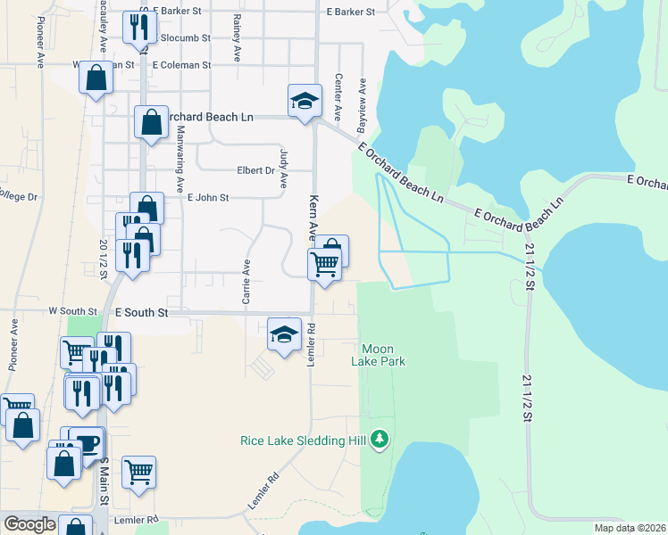 map of restaurants, bars, coffee shops, grocery stores, and more near 1855 Kern Avenue in Rice Lake