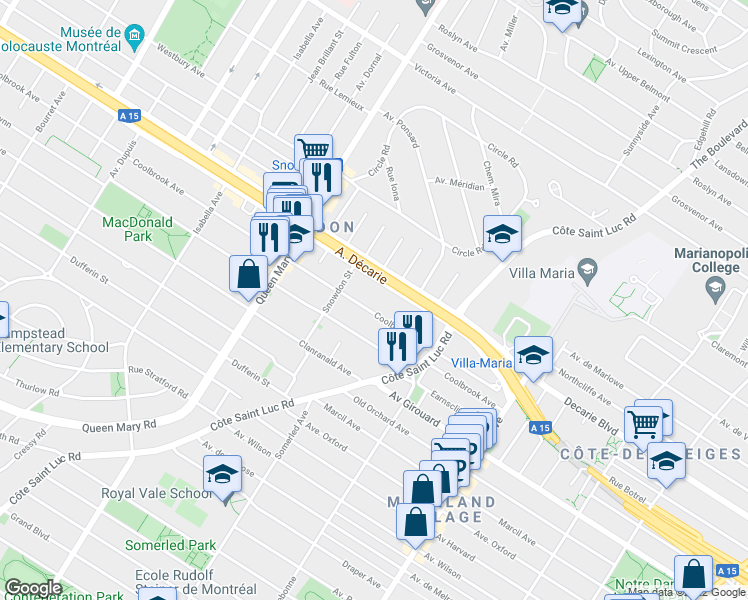 map of restaurants, bars, coffee shops, grocery stores, and more near 4685 Avenue Coolbrook in Montréal