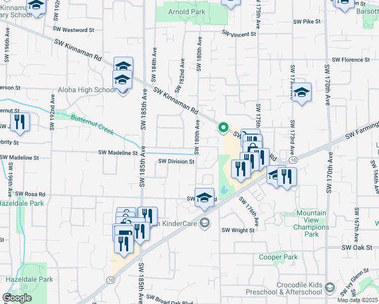 map of restaurants, bars, coffee shops, grocery stores, and more near 18110 Southwest Madeline Street in Aloha