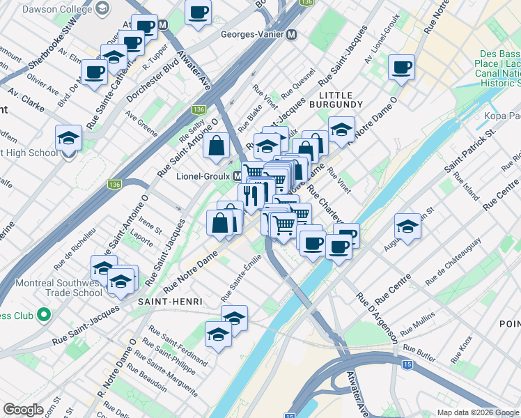 map of restaurants, bars, coffee shops, grocery stores, and more near 514 Avenue Atwater in Montréal