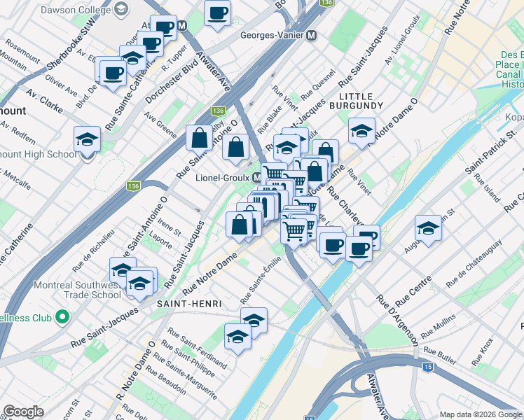 map of restaurants, bars, coffee shops, grocery stores, and more near 3077 Rue Workman in Montréal