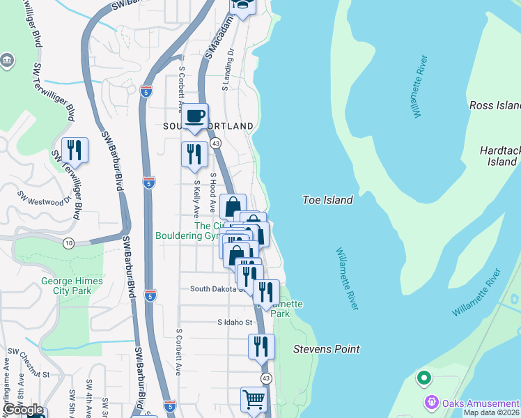 map of restaurants, bars, coffee shops, grocery stores, and more near 5826 South Riverpoint Lane in Portland