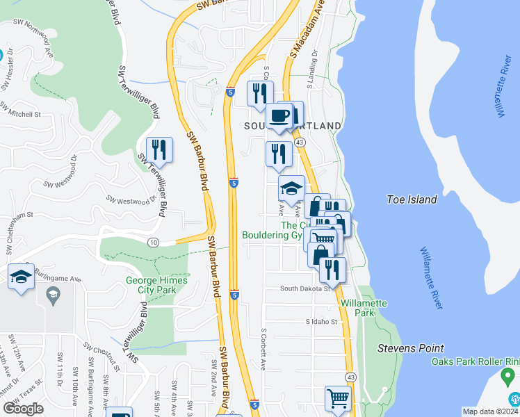 map of restaurants, bars, coffee shops, grocery stores, and more near 5825 South Corbett Avenue in Portland