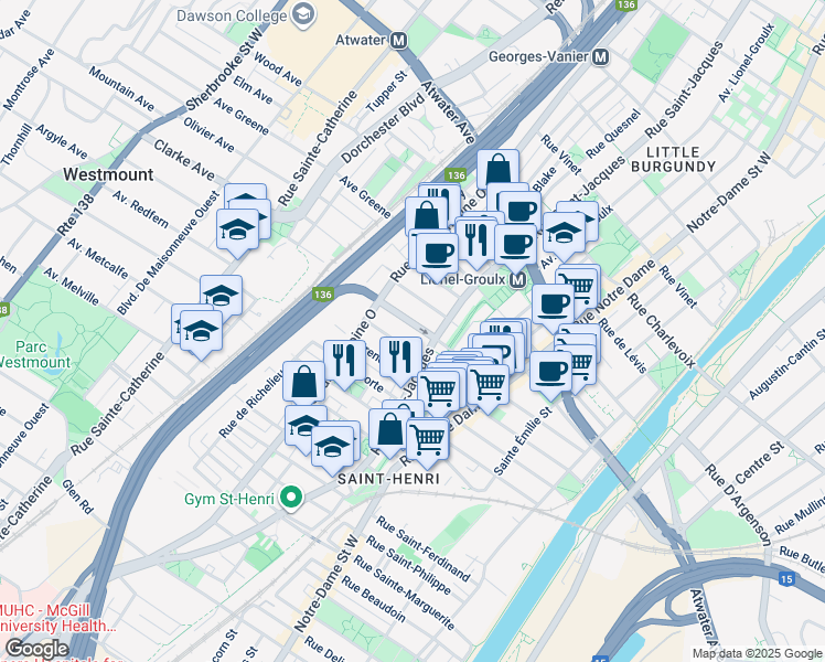 map of restaurants, bars, coffee shops, grocery stores, and more near 730 Rue Rose-de-Lima in Montréal
