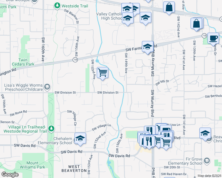 map of restaurants, bars, coffee shops, grocery stores, and more near 5315 Southwest 150th Court in Beaverton