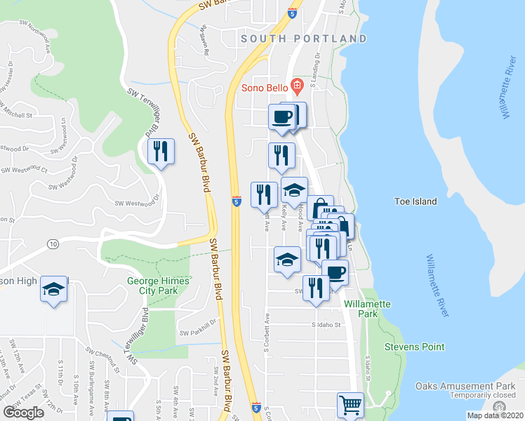 map of restaurants, bars, coffee shops, grocery stores, and more near 5829 SW Corbett Ave in Portland
