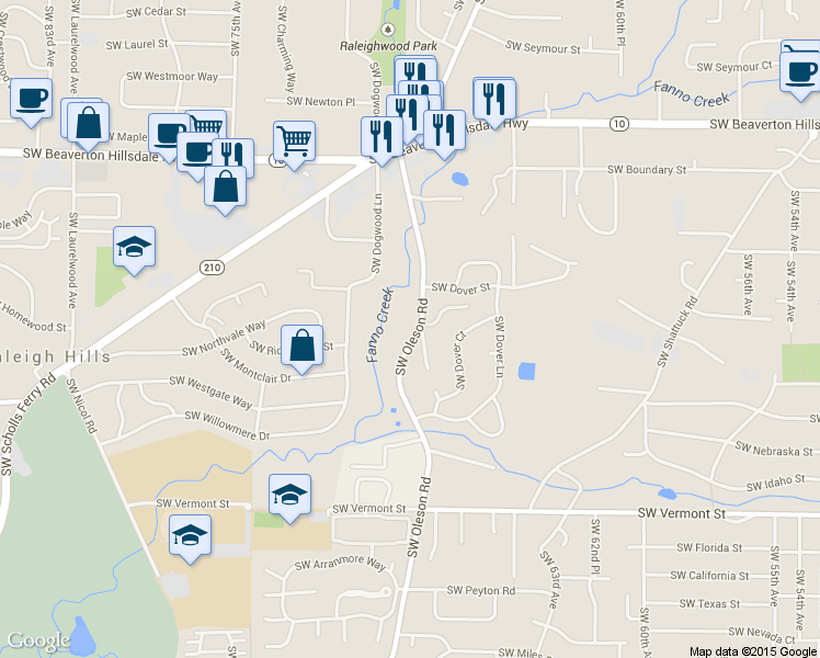 map of restaurants, bars, coffee shops, grocery stores, and more near 5325 Southwest Oleson Road in Portland