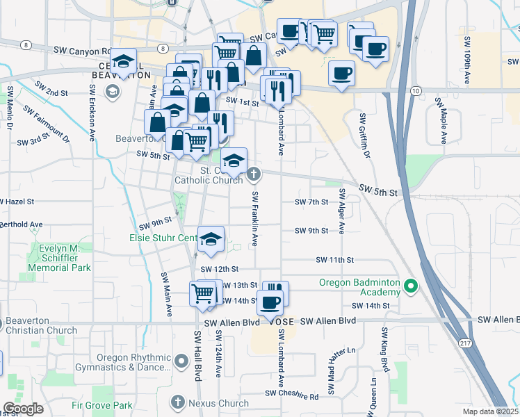 map of restaurants, bars, coffee shops, grocery stores, and more near 5270 Southwest Franklin Avenue in Beaverton